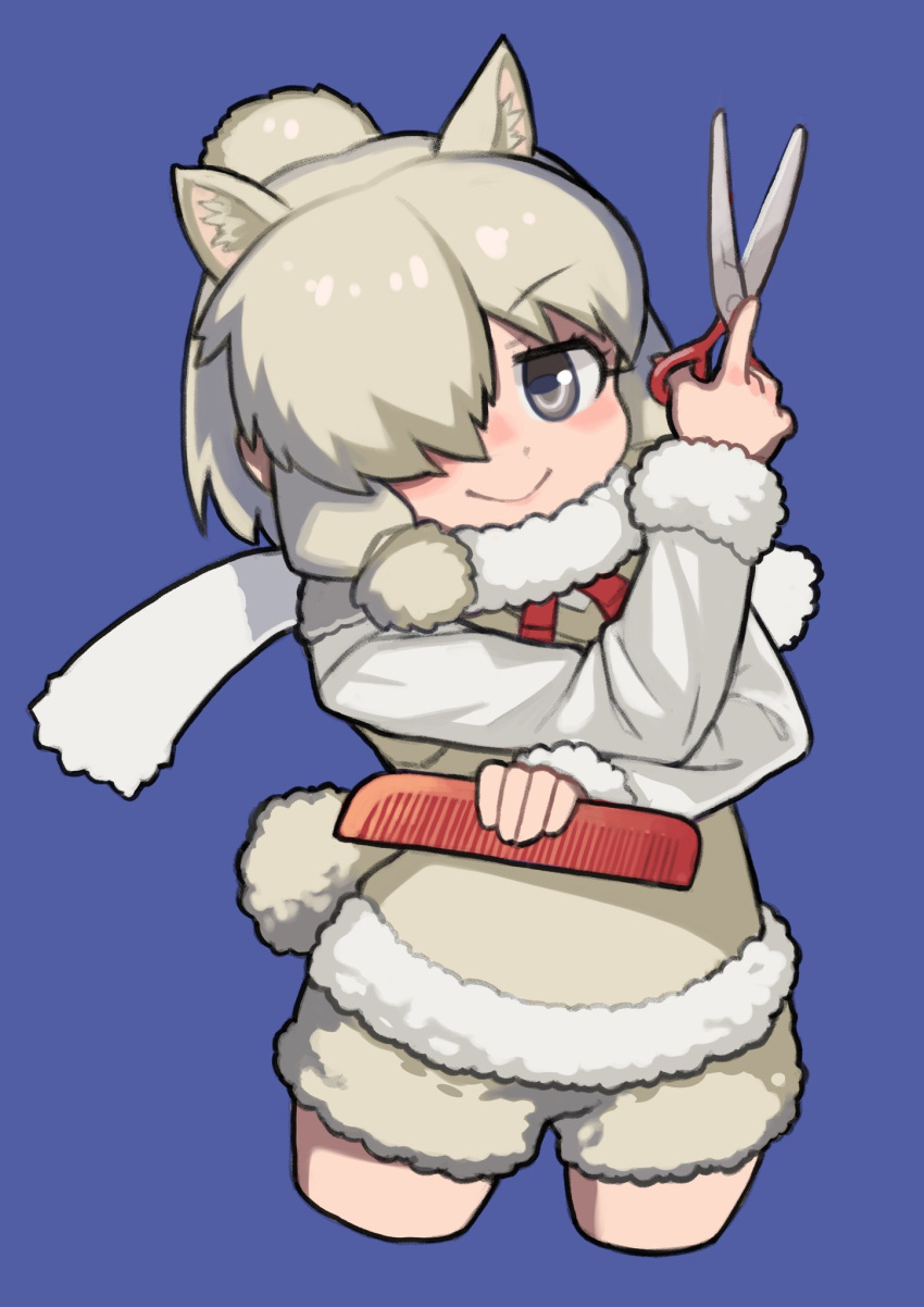 1girl alpaca_ears alpaca_girl alpaca_suri_(kemono_friends) alpaca_tail animal_ears blue_eyes blush bow bowtie comb cowboy_shot extra_ears fur_(clothing) fur_collar fur_trim hair_bun hair_over_one_eye hair_tubes highres kemono_friends long_sleeves looking_at_viewer red_bow red_bowtie rinx scissors short_shorts shorts sidelocks smile solo sweater tail vest white_fur white_shorts white_sweater white_vest