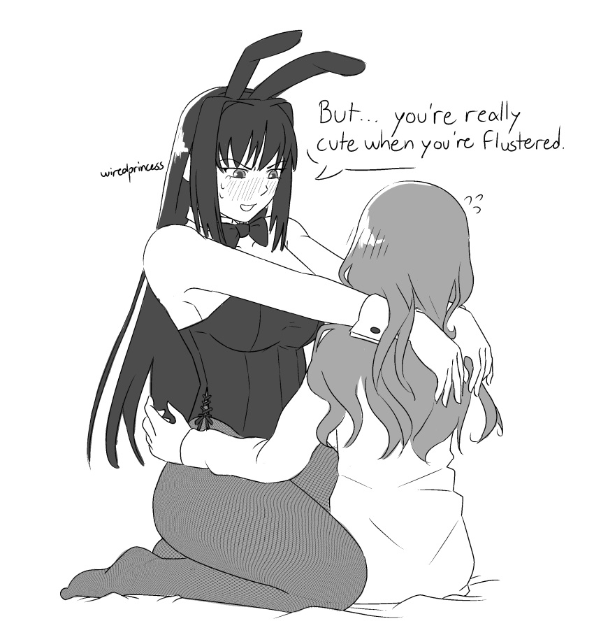 2girls absurdres animal_ears aozaki_aoko blush breasts cleavage couple girl_on_top highres kumari_kojika long_hair looking_at_another mahou_tsukai_no_yoru monochrome multiple_girls playboy_bunny rabbit_ears sitting wiredprincess yuri