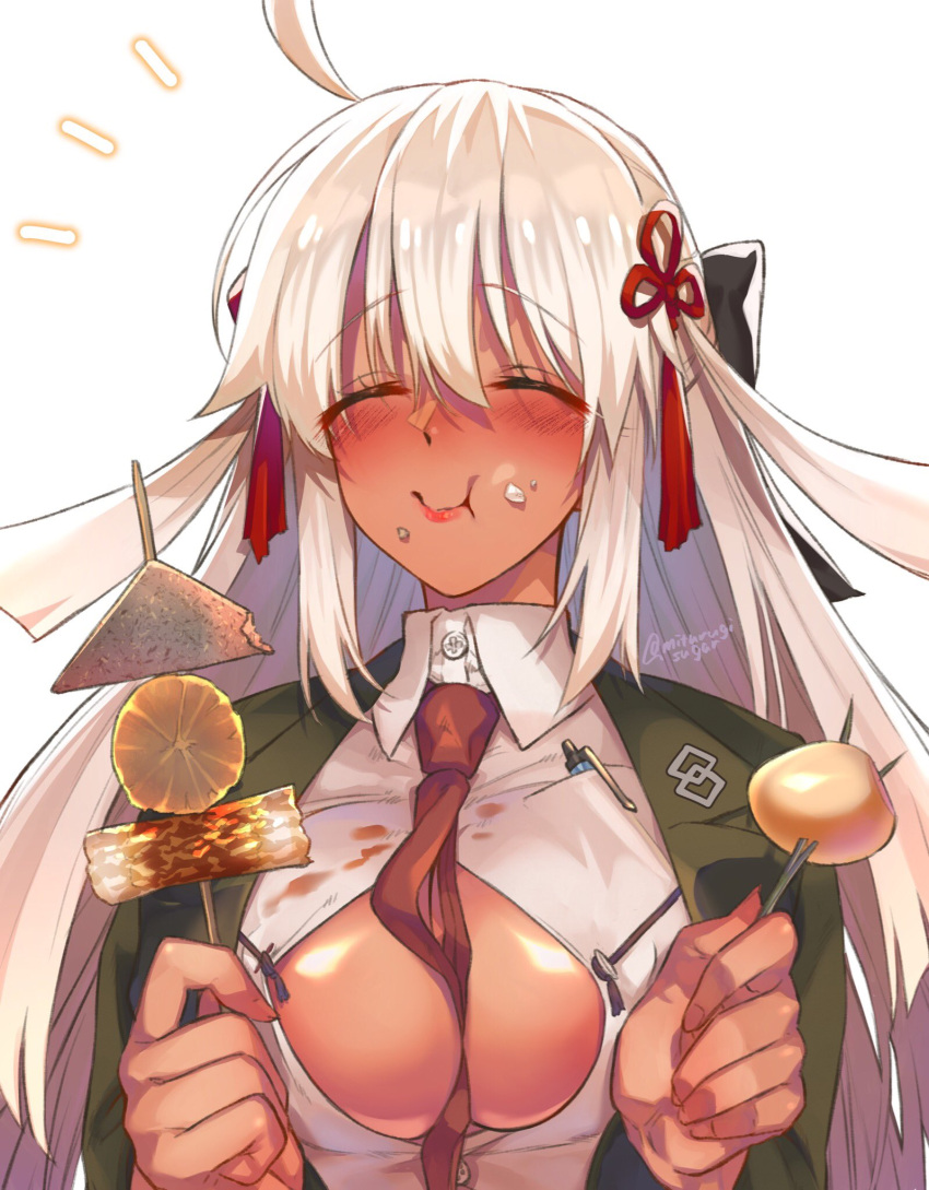 1girl ahoge black_bow blush bow breasts button_gap cleavage closed_eyes collared_shirt dark-skinned_female dark_skin eating fate/grand_order fate_(series) food green_jacket hair_bow highres jacket koha-ace large_breasts long_hair long_sleeves mitsurugi_sugar necktie okita_souji_(fate) okita_souji_alter_(fate) open_clothes open_jacket pen shirt skewer smile tassel very_long_hair white_hair white_shirt