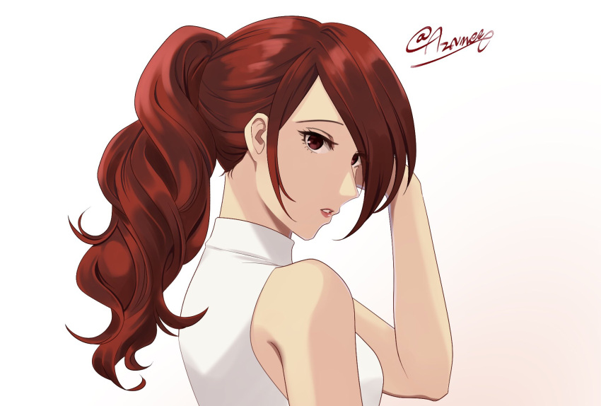 1girl aznmeee bare_shoulders breasts commentary_request eyelashes gradient_background hair_over_one_eye hand_up highres kirijou_mitsuru lips long_hair looking_at_viewer parted_bangs persona persona_3 pink_background ponytail red_hair shadow shirt sidelocks signature sleeveless sleeveless_shirt solo turtleneck twitter_username upper_body white_background