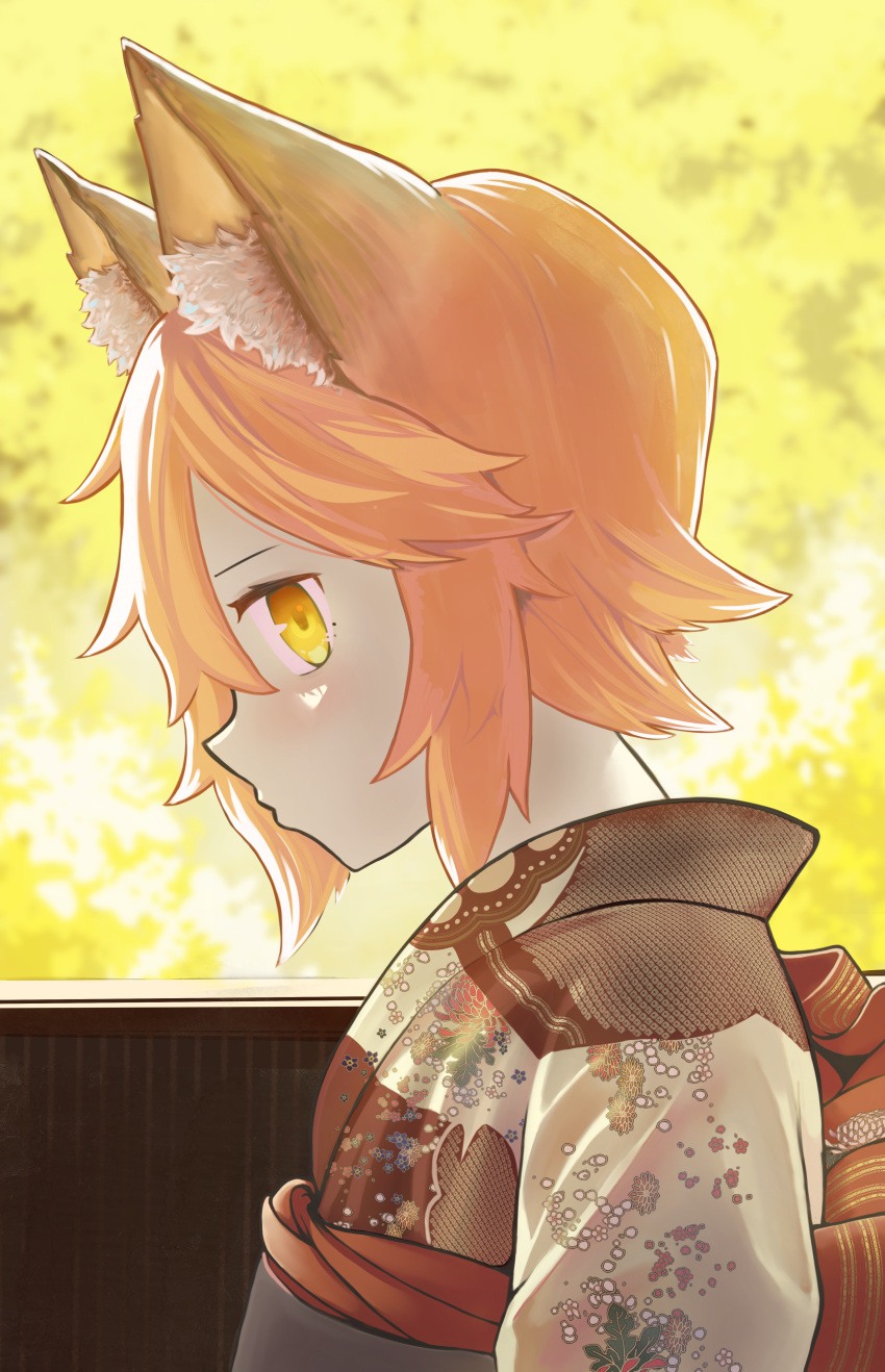 1girl absurdres animal_ears blurry blurry_background blush closed_mouth day evermind hair_between_eyes highres japanese_clothes kimono looking_at_viewer outdoors senko_(sewayaki_kitsune_no_senko-san) sewayaki_kitsune_no_senko-san short_hair solo