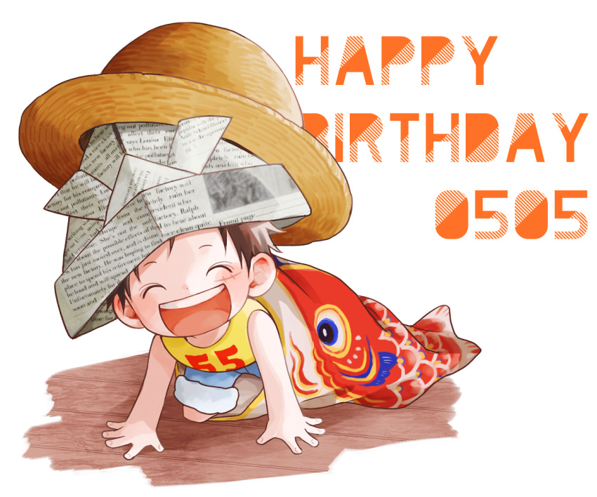 1boy ^_^ aged_down brown_hair closed_eyes english_text happy happy_birthday hat kodomo_no_hi koinobori male_child male_focus monkey_d._luffy one_piece paper_hat paper_kabuto short_hair shorts simple_background smile solo stacked_hats straw_hat szk_(szkintama) tank_top toddler windsock yellow_tank_top