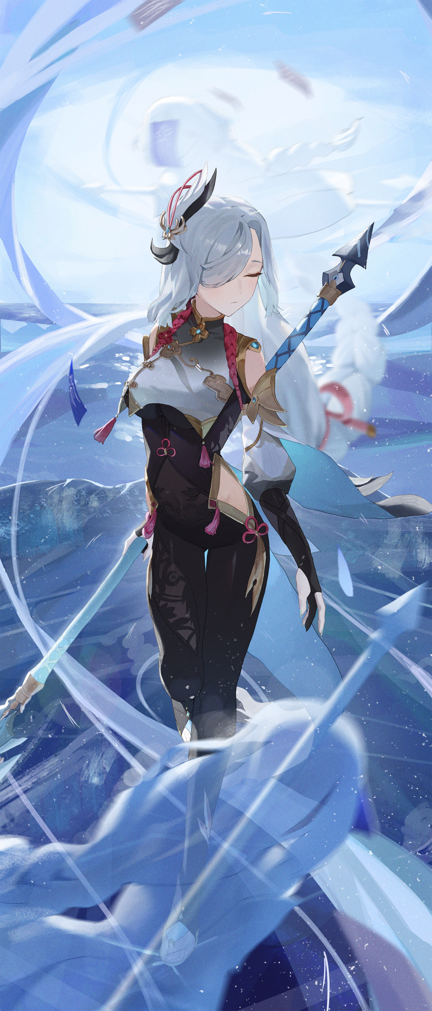 1girl absurdres bodysuit breasts calamity_queller_(genshin_impact) closed_eyes closed_mouth collar fingernails full_body genshin_impact grey_hair hair_ornament hair_over_one_eye highres holding holding_polearm holding_weapon kji_(rozo) long_hair long_sleeves outdoors polearm puffy_long_sleeves puffy_sleeves shenhe_(genshin_impact) solo standing weapon