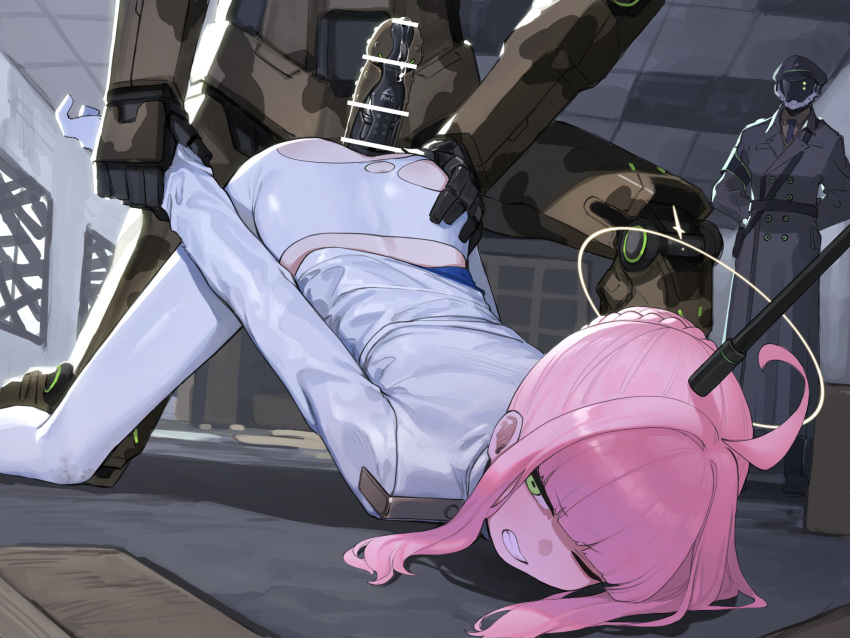 1girl 2boys bar_censor blue_archive blunt_bangs blush censored clenched_teeth coat gloves green_eyes gun gun_to_head highres imminent_penetration indoors jacket kaya_(blue_archive) long_sleeves mechanical_penis multiple_boys on_one_knee one_eye_closed pantyhose penis pink_hair precum robot signalviolet standing teeth top-down_bottom-up torn_clothes torn_pantyhose weapon white_gloves white_jacket white_pantyhose