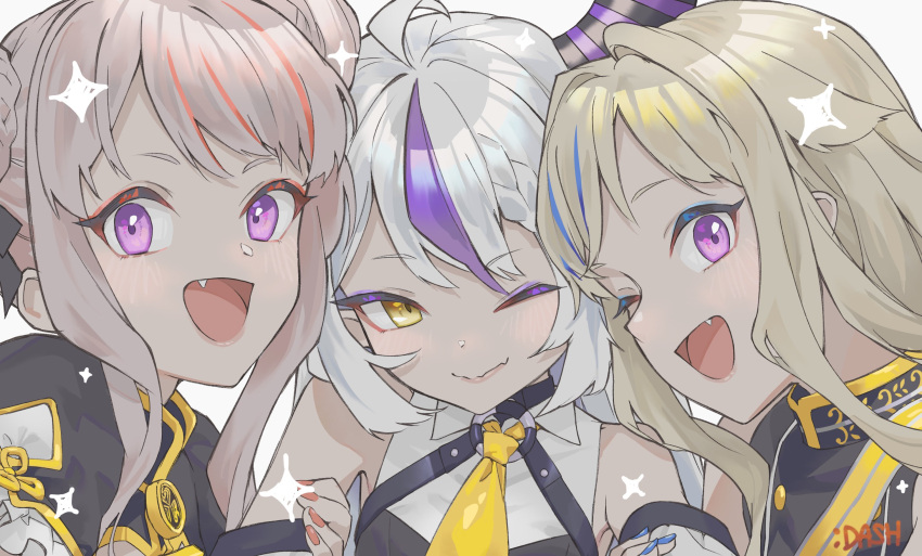 3girls ahoge ascot bare_shoulders black_horns blonde_hair blue_hair braid braided_bangs demon_horns detached_sleeves double_bun esc1_2d fang grey_hair hair_bun hair_flaps highres himehina_channel holding_another's_arm hololive horns la+_darknesss la+_darknesss_(1st_costume) multicolored_hair multiple_girls nail_polish one_eye_closed open_mouth pink_hair pointy_ears purple_eyes purple_hair red_hair skin_fang streaked_hair striped_horns suzuki_hina tanaka_hime virtual_youtuber yellow_ascot