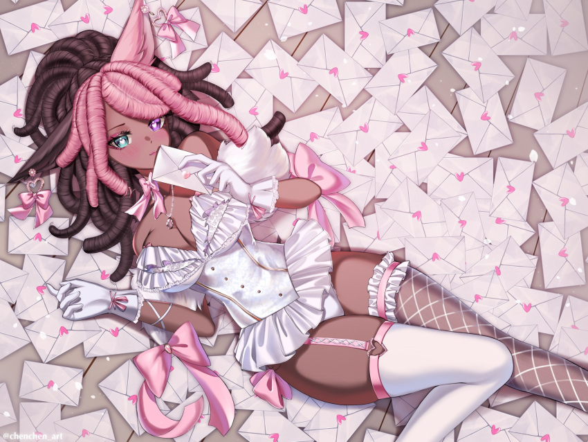 1girl asymmetrical_legwear bow bow_earrings bowtie breasts brown_hair chenchen cleavage commission dark-skinned_female dark_skin earrings fishnet_thighhighs fishnets frilled_leotard frills garter_straps gloves green_eyes heart heart-shaped_pupils heart_earrings heterochromia highres holding holding_letter indie_virtual_youtuber jewelry leotard letter love_letter mismatched_legwear multicolored_hair necklace pink_bow pink_bowtie pink_hair purple_eyes single_garter_strap solo strapless strapless_leotard succubunneh_(vtuber) symbol-shaped_pupils thighhighs twitter_username two-tone_hair white_gloves white_leotard white_thighhighs