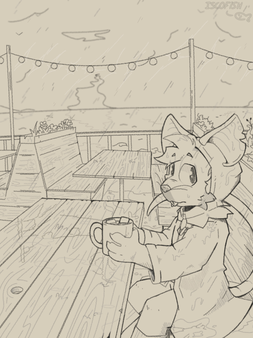 anthro buckteeth clothing coat detailed_background furniture hi_res iscofish looking_at_viewer male mammal mug murid murine raincoat raining rat rodent sea seaside sitting solo table teeth topwear water