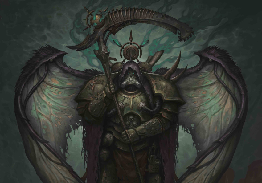 absurdres armor blue_eyes breastplate chain chaos_(warhammer) cloak cowboy_shot cuisses death_guard decay demon_primarch faulds full_armor fumes gauntlets greaves green_armor highres holding holding_weapon hood hooded_cloak insect_wings kheljay layered_armor male_focus mask mortarion pauldrons plate_armor power_armor primarch respirator scythe shoulder_armor silence_(weapon) skull torn_cloak torn_clothes warhammer_40k weapon wings