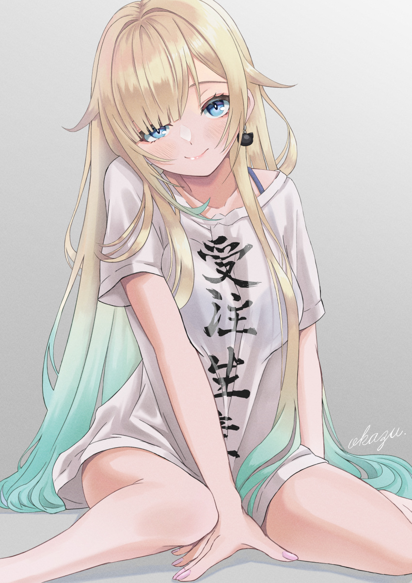 1girl absurdres aizawa_ema aqua_hair artist_name blonde_hair blue_eyes breasts breasts_squeezed_together cat_earrings clothes_writing gradient_background gradient_hair hair_flaps hair_over_one_eye head_tilt highres large_breasts long_hair looking_at_viewer multicolored_hair mussan nail_polish shirt short_sleeves sitting smile solo t-shirt very_long_hair virtual_youtuber vspo! wariza white_shirt