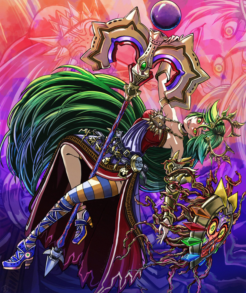 alternate_costume arm_guards armlet armor bare_legs bare_shoulders breasts choker colored_sclera corruption crossover dress evil_smile green_eyes green_hair high_heels highres holding holding_shield holding_staff jewelry kid_icarus long_hair looking_at_viewer moon_(zelda) necklace open_mouth palutena pole_dancing possessed purple_dress purple_footwear red_dress shield smile staff stoic_seraphim tentacles the_legend_of_zelda the_legend_of_zelda:_majora's_mask thighhighs tiara yellow_sclera