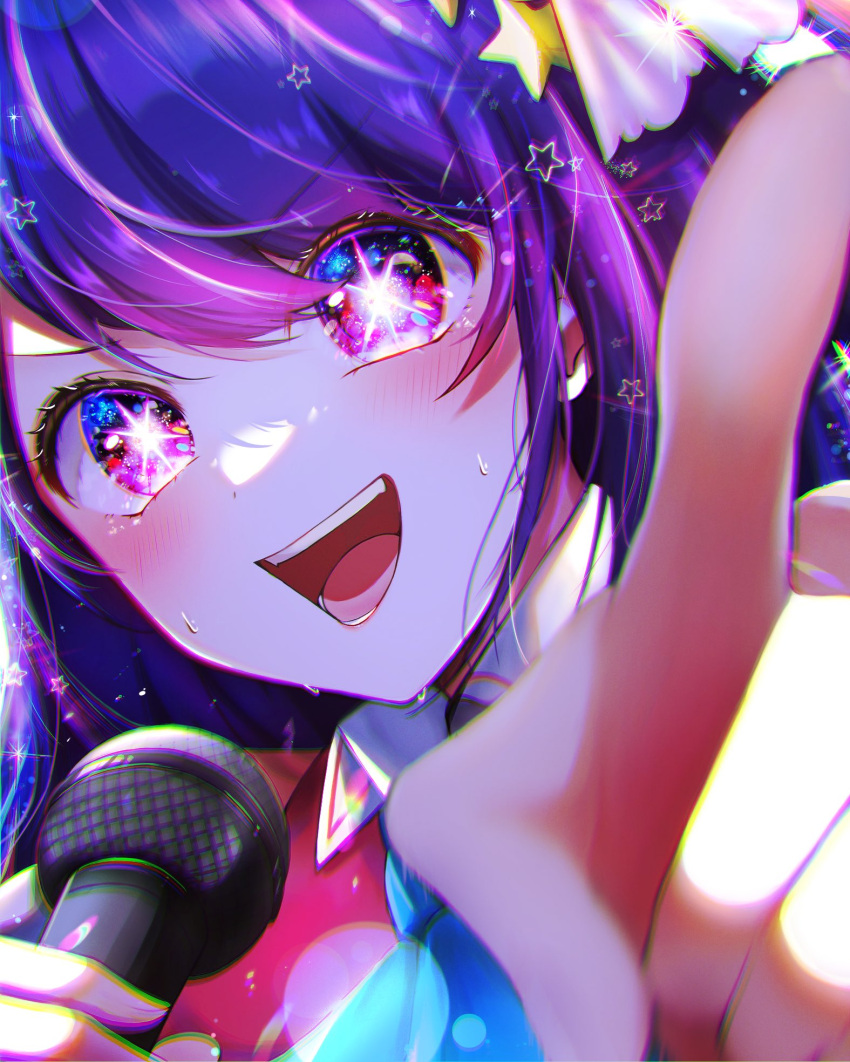 1girl ascot blue_ascot blue_eyes blurry blush chromatic_aberration close-up collared_dress commentary_request depth_of_field dress hair_between_eyes hair_ornament highres holding holding_microphone hoshino_ai_(oshi_no_ko) idol idol_clothes long_hair looking_at_viewer mameko_(mamemame81) microphone multicolored_eyes music open_mouth oshi_no_ko pink_eyes pointing purple_hair sidelocks singing sleeveless sleeveless_dress solo sparkle star_(symbol) star_hair_ornament sweat teeth