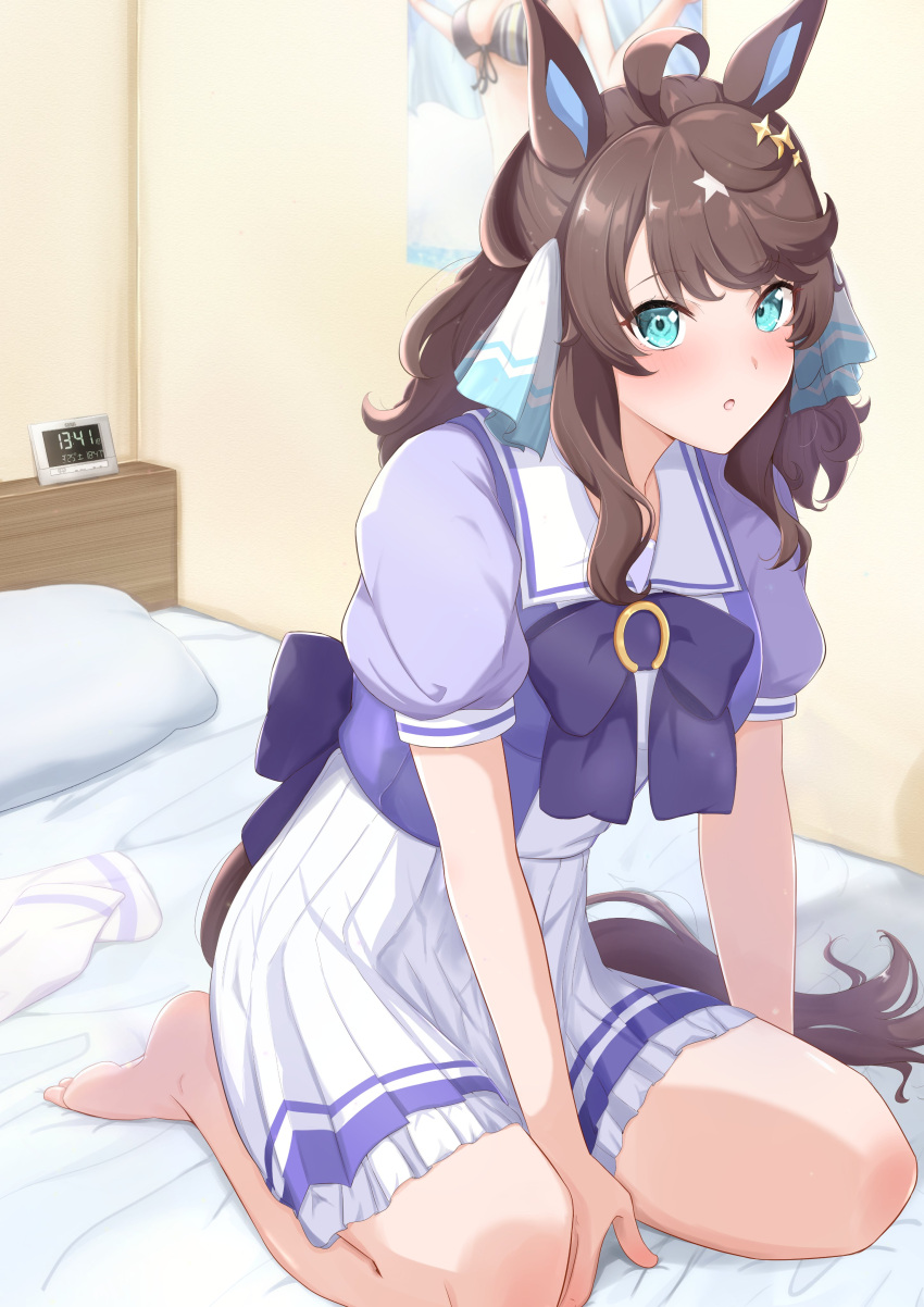 1girl absurdres ahoge alarm_clock animal_ears bare_legs bed black_hair blue_eyes blush breasts clock collarbone daring_tact_(umamusume) full_body hair_between_eyes hair_ornament highres horse_ears horse_girl long_hair looking_at_viewer medium_breasts open_mouth poster_(object) ribbon school_uniform seiza sho_mix_illustration sitting solo tracen_school_uniform umamusume wall