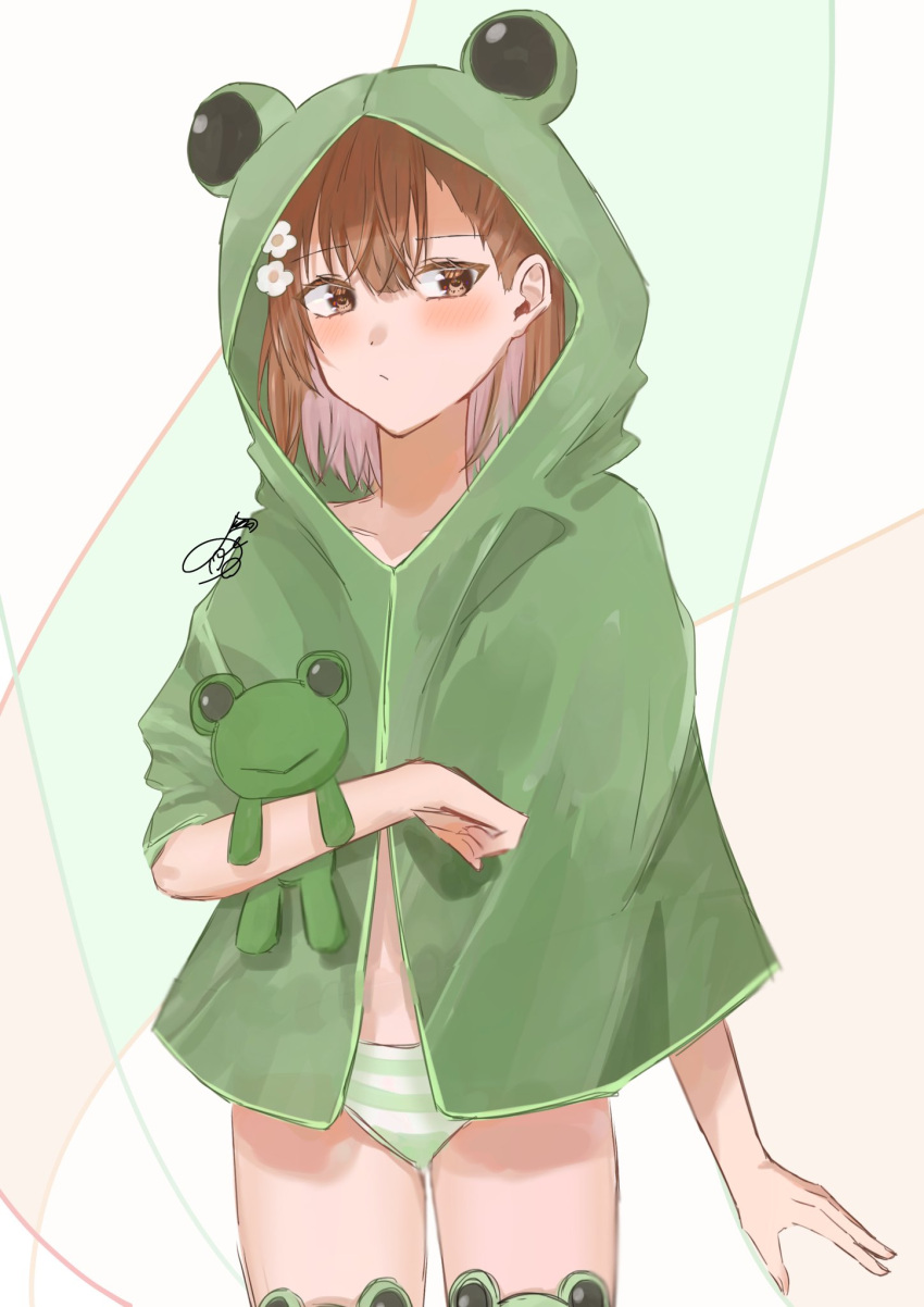 1girl animal_hood bikini bikini_under_clothes brown_eyes brown_hair cowboy_shot flower frog_hood gekota green_raincoat hair_flower hair_ornament hairclip highres hood misaka_mikoto short_hair signature solo standing striped striped_bikini stuffed_animal stuffed_frog stuffed_toy swimsuit thighhighs toaru_kagaku_no_railgun toaru_majutsu_no_index yato_a2