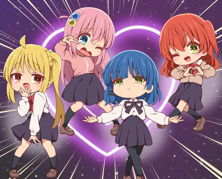 4girls ahoge blonde_hair blue_hair bocchi_the_rock! brown_eyes chibi cube_hair_ornament full_body gotoh_hitori green_eyes hair_ornament heart highres ijichi_nijika jacket kita_ikuyo long_hair mole mole_under_eye multiple_girls one_eye_closed one_side_up parody pink_hair pink_jacket pink_track_suit red_eyes red_hair school_uniform shimokitazawa_high_school_uniform short_hair shuka_high_school_uniform shukusei!!_loli-gami_requiem side_ahoge side_ponytail suwaneko yamada_ryo yellow_eyes