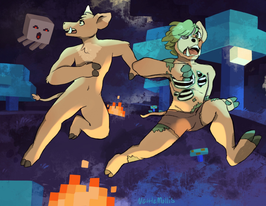 2023 anthro bone bottomwear brown_bottomwear brown_clothing brown_shorts clothed clothing decay detailed_background digital_drawing_(artwork) digital_media_(artwork) domestic_pig duo elias_(nettlemollis) featureless_crotch female fingers fire flat_chested fungus fur ghast_(minecraft) green_hair hair hi_res hooved_fingers hooved_toes hooves male mammal microsoft minecraft mojang navel nettlemollis nude pig_nose piglin pink_body pink_fur plantigrade ribs running shaded shorts skull slim_anthro suid suina sus_(pig) tail tail_tuft the_nether_(minecraft) topless tuft tusks undead wild_boar xbox_game_studios zombie_piglin