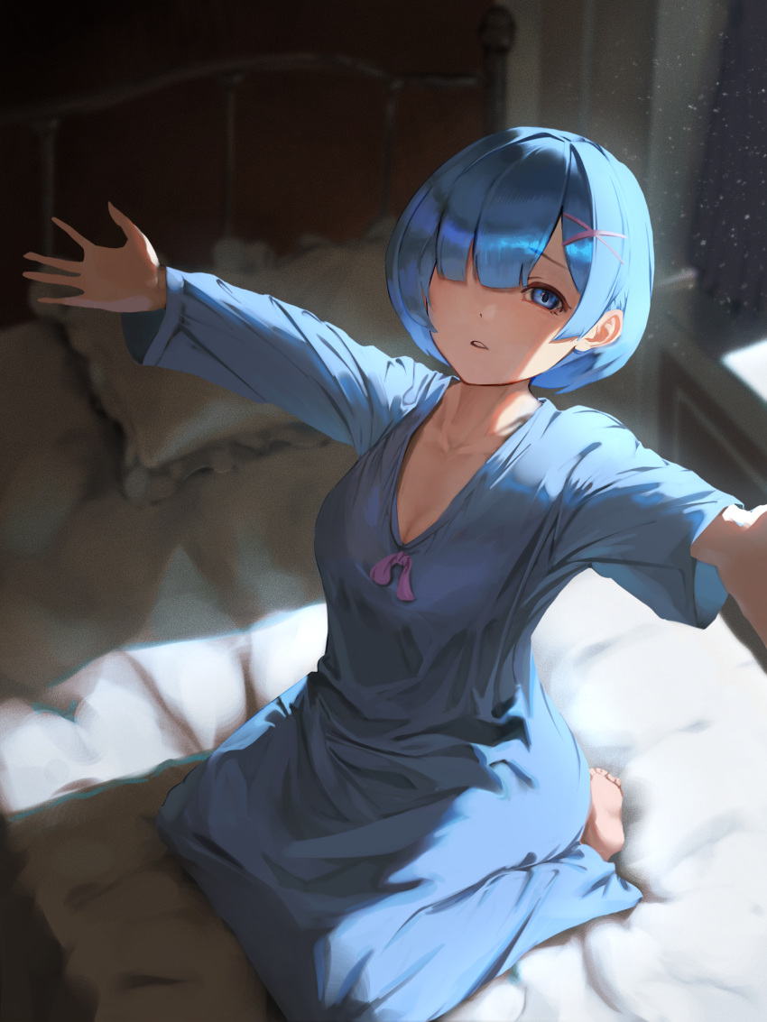 1girl barefoot bed blue_eyes blue_hair breasts cleavage ginyuiti hair_ornament hair_over_one_eye highres indoors looking_at_viewer nightgown on_bed outstretched_arms re:zero_kara_hajimeru_isekai_seikatsu rem_(re:zero) seiza short_hair sitting sleepwear soles solo toes x_hair_ornament