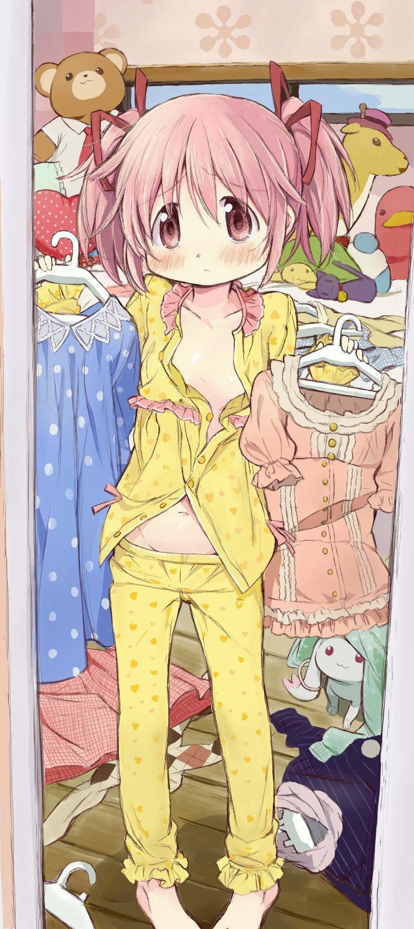 1girl :&lt; absurdres barefoot blush closed_mouth clothes_hanger collarbone commentary_request derivative_work flat_chest hair_ribbon heart heart_print highres hitode kaname_madoka kyubey mahou_shoujo_madoka_magica mahou_shoujo_madoka_magica_(anime) navel pajamas pants partially_unbuttoned pigeon-toed pink_eyes pink_hair red_ribbon ribbon shirt standing stuffed_animal stuffed_toy twintails unworn_clothes yellow_pants yellow_shirt