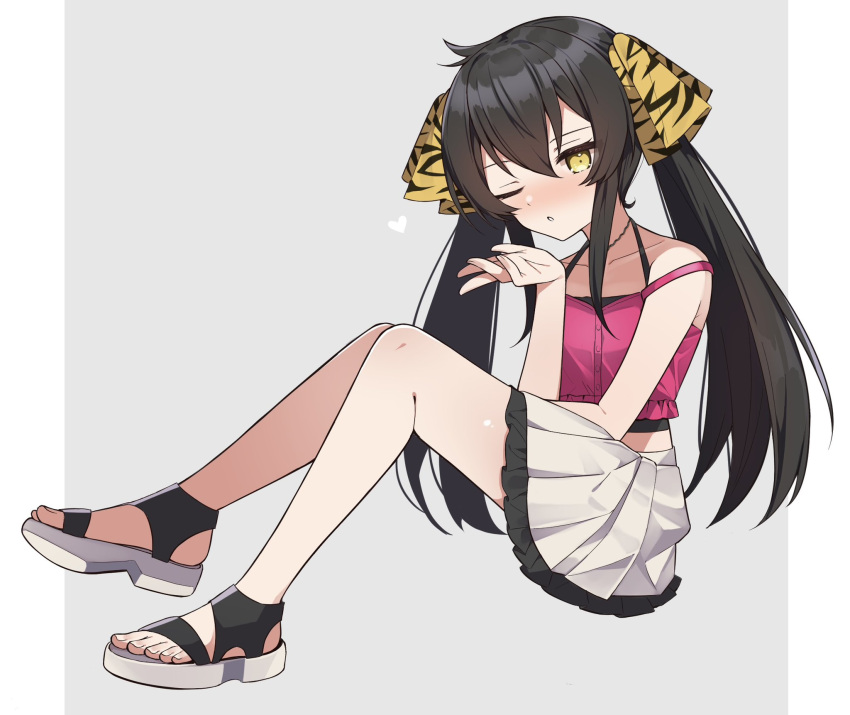 1girl ;o bare_legs black_hair blowing_kiss blush collarbone commentary_request crop_top dddd_akagi feet heart highres idolmaster idolmaster_cinderella_girls knees_up legs looking_at_viewer matoba_risa one_eye_closed petticoat sandals shirt simple_background sitting skirt sleeveless sleeveless_shirt solo toenails toes twintails two-tone_background white_skirt