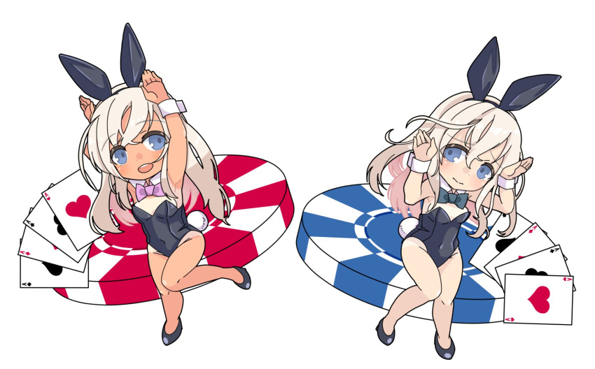 2girls ace_of_clubs ace_of_diamonds ace_of_hearts ace_of_spades alakoala animal_ears bare_legs black_bow black_bowtie black_leotard blonde_hair blue_eyes bow bowtie card chibi club_(shape) commentary_request detached_collar diamond_(shape) full_body heart highres kantai_collection leotard long_hair multiple_girls one-piece_tan pink_bow pink_bowtie playboy_bunny playing_card rabbit_ears rabbit_pose rabbit_tail ro-500_(kancolle) spade_(shape) strapless strapless_leotard tail tan tanlines u-511_(kancolle) wrist_cuffs