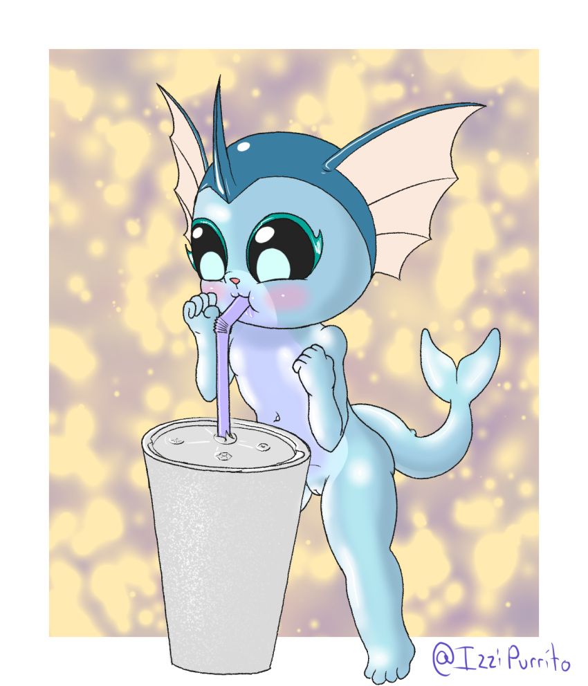 anthro beverage bright_light container cup drinking eeveelution female fin generation_1_pokemon genitals glistening glistening_body hi_res horn izzipurrito light_underbelly mcdonald's milkshake navel nintendo nude open_mouth pokemon pokemon_(species) purple_body pussy simple_background solo standing straw_in_mouth tagme tail thick_thighs vaporeon young