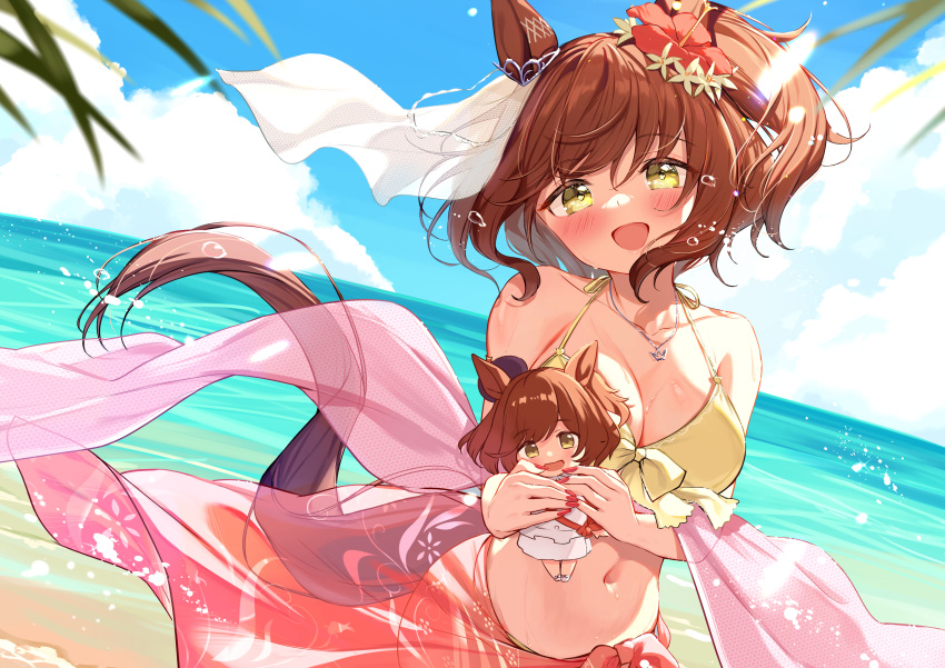 1girl absurdres animal_ears aston_machan_(umamusume) beach bikini blush breasts brown_hair cleavage collarbone day fingernails flower hair_flower hair_ornament highres horse_ears horse_girl horse_tail large_breasts looking_at_viewer nail_polish navel ocean open_mouth outdoors ponytail red_flower red_nails red_sarong saboten_mushi sarong shore smile solo swimsuit tail umamusume upper_body yellow_bikini yellow_eyes