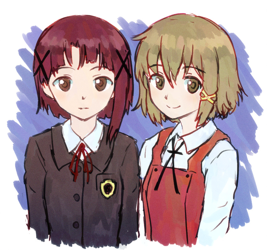 2girls asymmetrical_hair asymmetrical_sidelocks badge black_jacket black_ribbon blazer blonde_hair blue_background brown_eyes brown_hair brown_ribbon buttons closed_mouth collared_shirt commentary dress expressionless hair_between_eyes hair_ornament hairclip hidamari_sketch highres iwakura_lain jacket looking_at_viewer multiple_girls neck_ribbon red_dress ribbon serial_experiments_lain shirt short_hair sidelocks single_sidelock smile upper_body white_shirt x_hair_ornament yellow_eyes yuno_(hidamari_sketch) zawabug