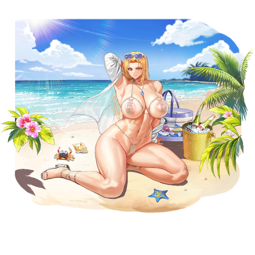 1girl abs areola_slip arm_behind_head armpit_crease armpits bag bare_shoulders beach bikini blonde_hair blue_bag blue_gemstone breasts cellphone cleavage cloud cloudy_sky collarbone covered_nipples crab cupless_bikini earrings eyewear_on_head flower gem glass_bottle groin_tendon hair_intakes hand_on_ground heart heart-shaped_eyewear heart_o-ring heart_ring_bottom hibiscus high_heels highres hoop_earrings huge_breasts ice ice_bucket ice_cube jewelry last_origin linea_alba lips long_hair looking_at_viewer lotion metal_bikini micro_bikini muscular muscular_female navel necklace o-ring o-ring_bikini ocean official_alternate_costume official_art open_clothes open_mouth open_shirt outdoors palm_tree partially_visible_vulva phone pink_flower queen_of_mane red_eyeliner seashell see-through see-through_shirt shell shirt silver_footwear sitting skindentation sky slit_pupils smartphone smile soda_bottle starfish strappy_heels sun sunglasses sunscreen swimsuit tachi-e taesi teeth third-party_source toeless_footwear transparent_background tree white_shirt yellow_eyes yokozuwari