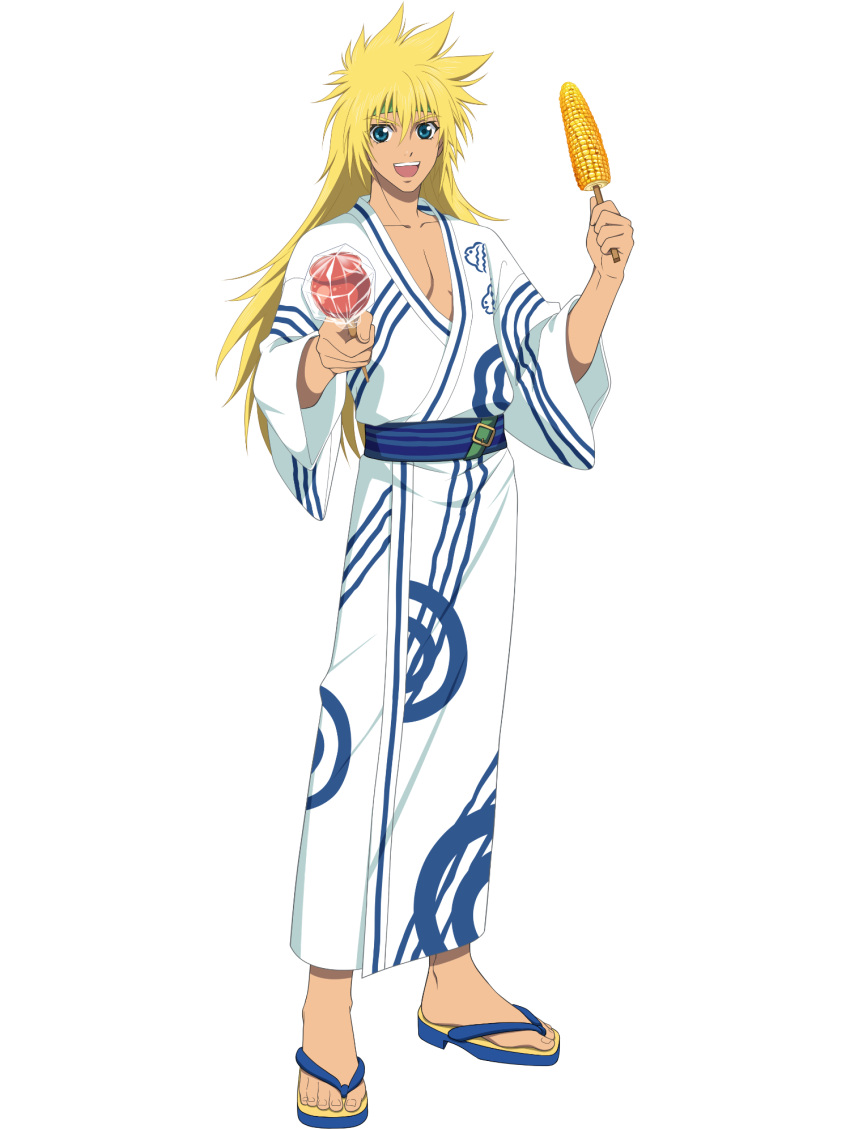 1boy blonde_hair corn_cob english_commentary feet fingernails full_body green_headband hair_between_eyes headband highres japanese_clothes kimono long_hair looking_at_viewer male_focus official_art open_mouth sandals solo stahn_aileron tales_of_(series) tales_of_asteria tales_of_destiny teeth toenails toes transparent_background upper_teeth_only white_kimono wide_sleeves