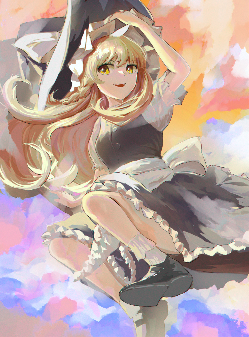 1girl absurdres apron black_footwear black_skirt black_vest blonde_hair broom broom_riding commentary_request hand_on_headwear hat highres kenkxx kirisame_marisa long_hair puffy_short_sleeves puffy_sleeves shirt short_sleeves skirt skirt_set sky smile socks solo touhou vest waist_apron white_apron white_shirt white_socks witch_hat