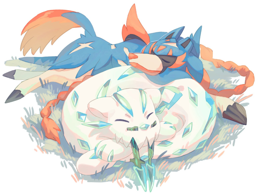 animal_focus border chien-pao claws closed_eyes closed_mouth commentary grass highres lying pokemon pokemon_(creature) sleeping symbol-only_commentary torinoko_(miiko_draw) tusks white_border zacian