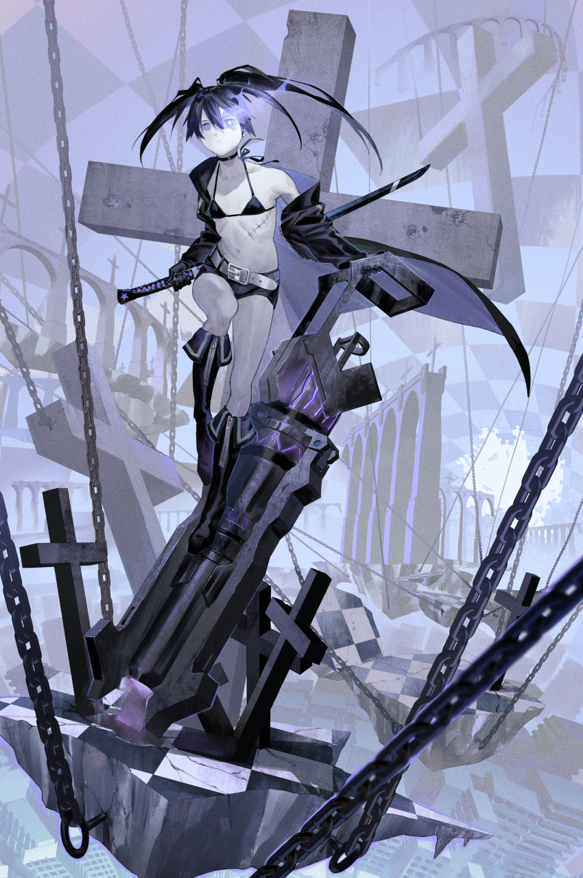 1girl absurdres bikini bikini_top_only black_bikini black_hair black_jacket black_rock_shooter black_rock_shooter_(character) black_shorts breasts chain cross flaming_eye glowing glowing_eye gun highres holding holding_sword holding_weapon jacket katana kento_matsuura midriff navel open_clothes open_jacket pale_skin purple_eyes scar shorts small_breasts solo stitched_torso stitches swimsuit sword twintails uneven_twintails weapon