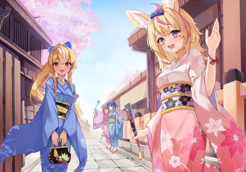 4girls absurdres alternate_costume animal_ear_fluff animal_ears architecture bag black_hair blonde_hair blue_bow blue_eyes blue_hair blue_kimono blue_sky bow breasts building cellphone cherry_blossoms closed_eyes closed_mouth commentary dark-skinned_female dark_skin day east_asian_architecture elf facial_mark floral_print folded_fan folding_fan fox_ears fox_girl hair_bow hand_fan hand_up handbag heart heart-shaped_pupils high_ponytail highres holding holding_bag holding_fan holding_stick hololive hoshimachi_suisei japanese_clothes kimono long_hair looking_at_viewer medium_breasts medium_hair multicolored_hair multiple_girls obi okey omaru_polka open_mouth outdoors paper_fan phone pink_hair pink_kimono pointy_ears print_kimono purple_eyes purple_kimono red_eyes sakura_miko sandals sash selfie selfie_stick shiranui_flare side_ponytail sidelocks sky small_breasts smartphone smile socks standing stick streaked_hair symbol-only_commentary symbol-shaped_pupils taking_picture teeth upper_teeth_only virtual_youtuber waving white_socks wide_sleeves