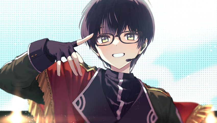 1boy black-framed_eyewear black_gloves black_hair black_sweater earpiece fingerless_gloves glasses gloves green_eyes green_jacket grin hand_up highres jacket kotegiri_gou light_blush long_sleeves looking_at_viewer male_focus mochimiya_(coyo) mole mole_under_eye portrait ribbed_sweater short_hair smile solo sweater touken_ranbu