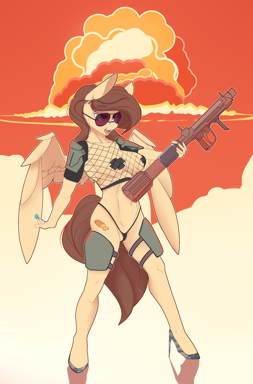 absurd_res anthro bethesda_softworks chapaevv clothing digital_media_(artwork) equid equine explosion fallout fallout_equestria fan_character female hair hasbro hi_res holding_object mammal my_little_pony nipple_tape open_mouth pasties pegasus ranged_weapon rocket_launcher smile solo solo_focus sourdough_(oc) standing tape thong underwear weapon wings
