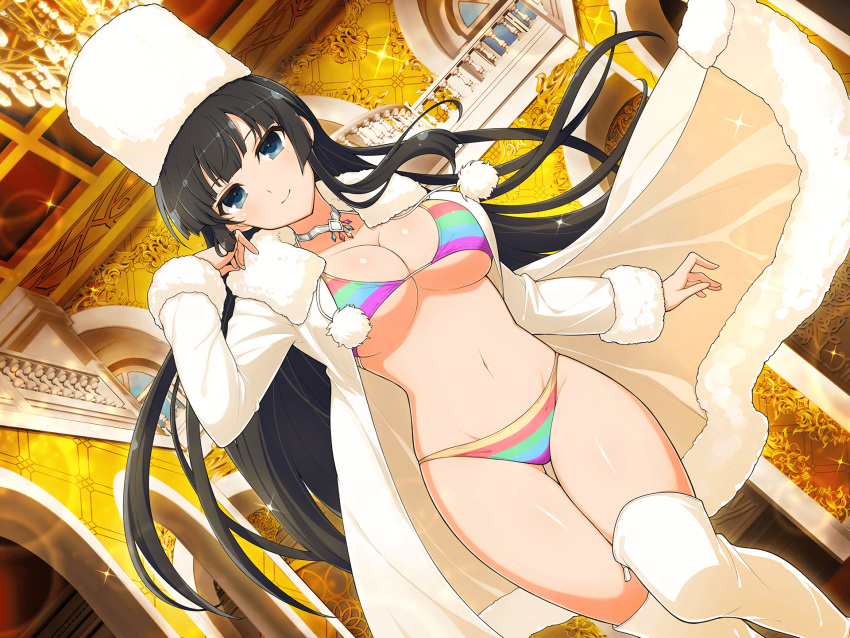1girl balcony banister bikini black_hair blue_eyes blush breasts chandelier choker cleavage coat collarbone groin headwear_request highres ikaruga_(senran_kagura) large_breasts long_hair looking_at_viewer multicolored_bikini multicolored_clothes navel official_alternate_costume official_art open_clothes open_coat rainbow_bikini senran_kagura senran_kagura_new_link senran_kagura_shoujo-tachi_no_shin'ei solo striped striped_bikini swimsuit thighhighs underboob white_coat white_headwear white_thighhighs window yaegashi_nan