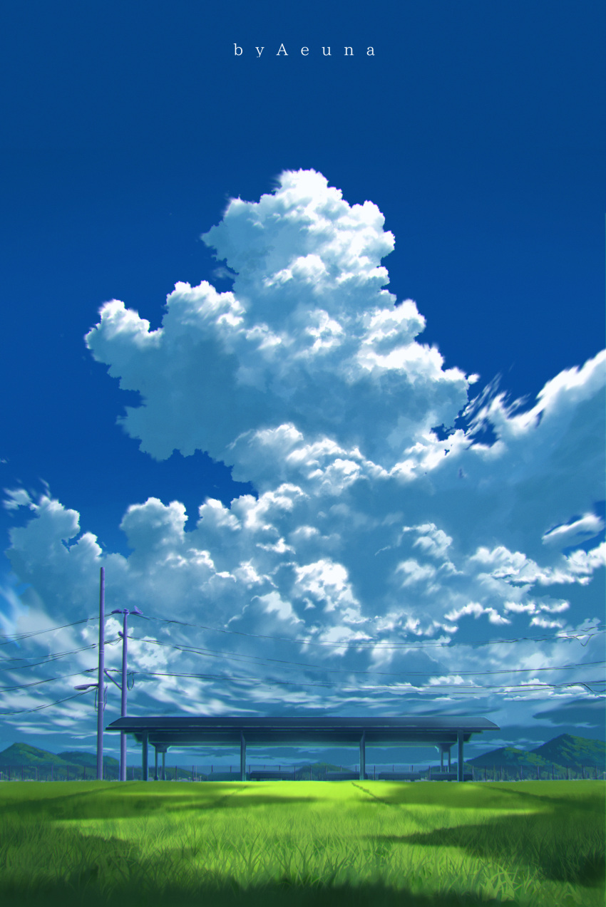 absurdres aeuna bench blue_sky cloud commentary_request cumulonimbus_cloud day fence field grass highres lamppost mountain mountainous_horizon original outdoors power_lines rural scenery shadow sky train_station utility_pole