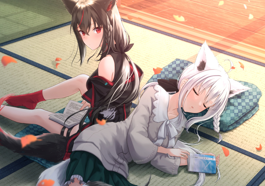 2girls ahoge animal_ear_fluff animal_ears black_bow black_hair black_jacket black_shirt blush book bow braid closed_eyes commentary_request dark_persona dual_persona earrings extra_ears fox_ears fox_girl fox_tail green_skirt grey_shirt hair_between_eyes hair_bow highres hololive jacket jewelry kurokami_fubuki long_hair looking_at_viewer looking_back lying multiple_girls on_side open_clothes open_jacket petals pillow red_eyes red_hair shirakami_fubuki shirakami_fubuki_(3rd_costume) shirt sidelocks single_braid skirt sleeping sunset_kanpai tail thigh_strap virtual_youtuber white_hair