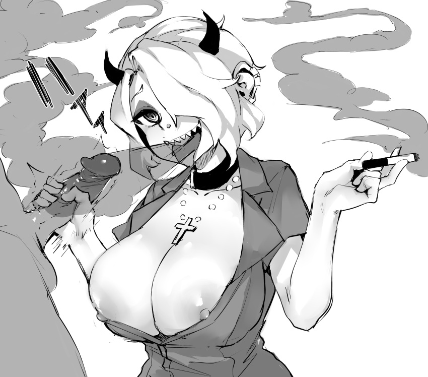 1boy 1girl absurdres blowing_smoke breasts cigarette collar cross ear_piercing handjob helltaker highres holding holding_cigarette khana mouth_piercing nipples nose_piercing open_clothes open_shirt piercing sharp_teeth shirt smile smoke teeth tongue tongue_out zdrada_(helltaker)