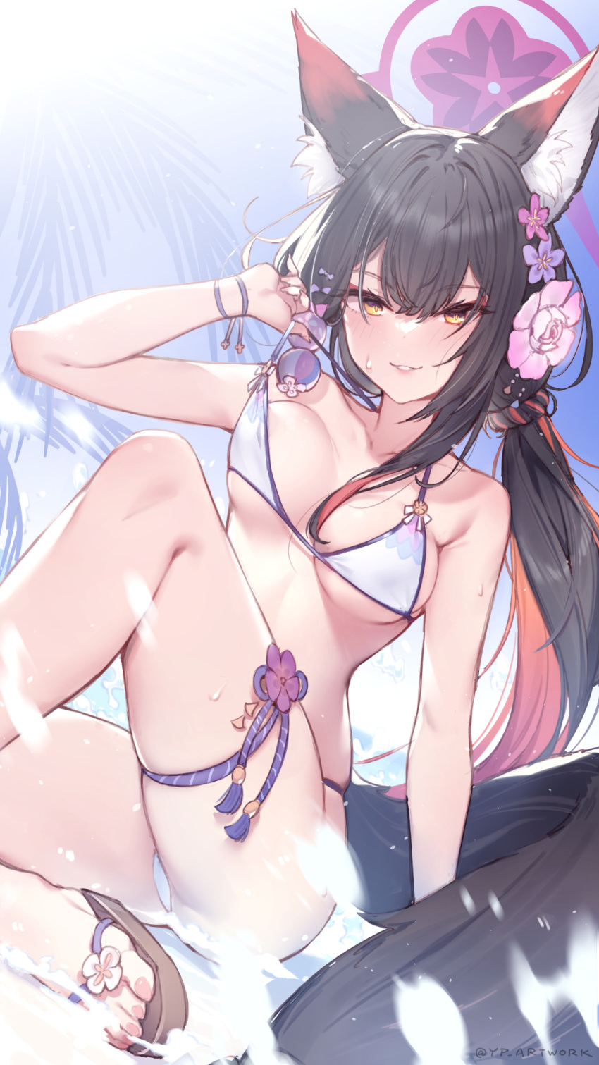 1girl animal_ears arm_support artist_name ass bikini black_hair blue_archive blush breasts collarbone colored_inner_hair commentary_request flower fox_ears fox_girl fox_tail grin hair_between_eyes hair_flower hair_ornament halo highres knee_up large_breasts leg_ribbon long_hair looking_at_viewer multicolored_hair official_alternate_costume ponytail purple_halo red_hair revision ribbon sandals sitting smile solo swimsuit tail thigh_ribbon toenails toes twitter_username two-tone_hair wakamo_(blue_archive) wakamo_(swimsuit)_(blue_archive) white_bikini yellow_eyes yellowpaint.