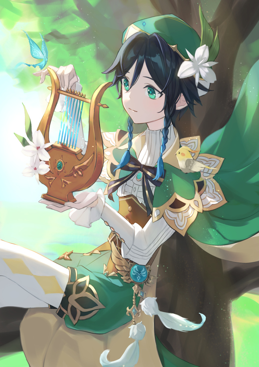 1boy absurdres androgynous beret black_hair blue_hair bow braid brooch cape closed_mouth collared_cape collared_shirt corset crystalfly_(genshin_impact) day diamond_(shape) feathers flower frilled_sleeves frills gem genshin_impact gradient_hair green_cape green_eyes green_headwear green_shorts hair_flower hair_ornament hat hat_flower highres holding holding_instrument in_tree instrument jewelry kagami_(kagami) leaf long_sleeves lyre male_focus multicolored_hair pantyhose pinwheel shirt short_hair_with_long_locks shorts side_braids sidelocks sitting sitting_in_tree solo tree twin_braids venti_(genshin_impact) vision_(genshin_impact) white_flower white_pantyhose white_shirt