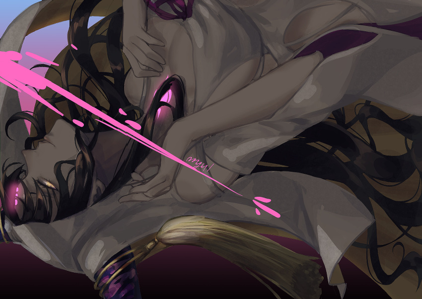 1girl artist_name black_hair breasts chest_tattoo cleavage clothing_cutout commentary dress facial_mark fate/extra fate/extra_ccc fate/grand_order fate_(series) forehead_mark forehead_tattoo from_side frtheia glowing glowing_eyes glowing_tattoo hand_on_own_chest hands_up horn_ornament horn_ring horns large_breasts long_hair long_sleeves looking_at_viewer looking_to_the_side mudra parted_bangs parted_lips pink_ribbon profile ribbon sessyoin_kiara side_cutout single_horn solo tassel tattoo upper_body upside-down veil vitarka_mudra white_dress white_veil wide_sleeves yellow_eyes
