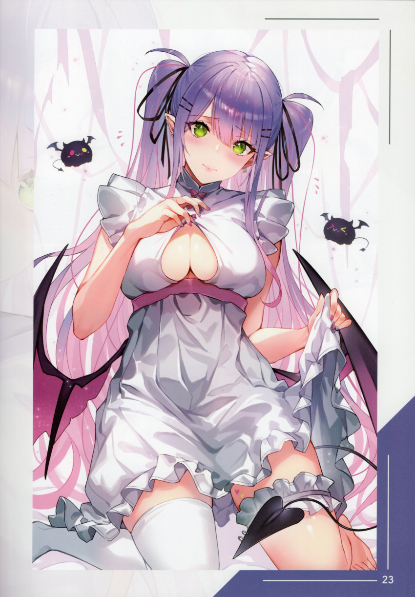 1girl absurdres barefoot bibi_(tokoyami_towa) blush bow breasts cleavage closed_mouth demon_girl demon_tail demon_wings dress earrings fingernails green_eyes hair_bow hand_up head_tilt highres hololive jewelry kakage lips long_hair looking_at_viewer low_wings medium_breasts nail_polish page_number purple_hair scan shiny_skin short_dress simple_background single_thighhigh skirt_hold sleeveless sleeveless_dress tail thigh_strap thighhighs tokoyami_towa twintails virtual_youtuber white_dress wings