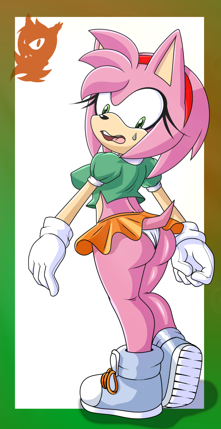 absurd_res accessory amy_rose anthro big_butt bodily_fluids bottomwear butt classic_amy_rose classic_sonic_(universe) clothed clothing erect_nipples eulipotyphlan female fur gloves handwear headband hedgehog hi_res logo looking_back mammal meyk mobian_hedgehog nipples pink_body pink_fur sega signature solo solo_focus sonic_the_hedgehog_(series) sweat sweatdrop tight_bottomwear tight_clothing upskirt worried