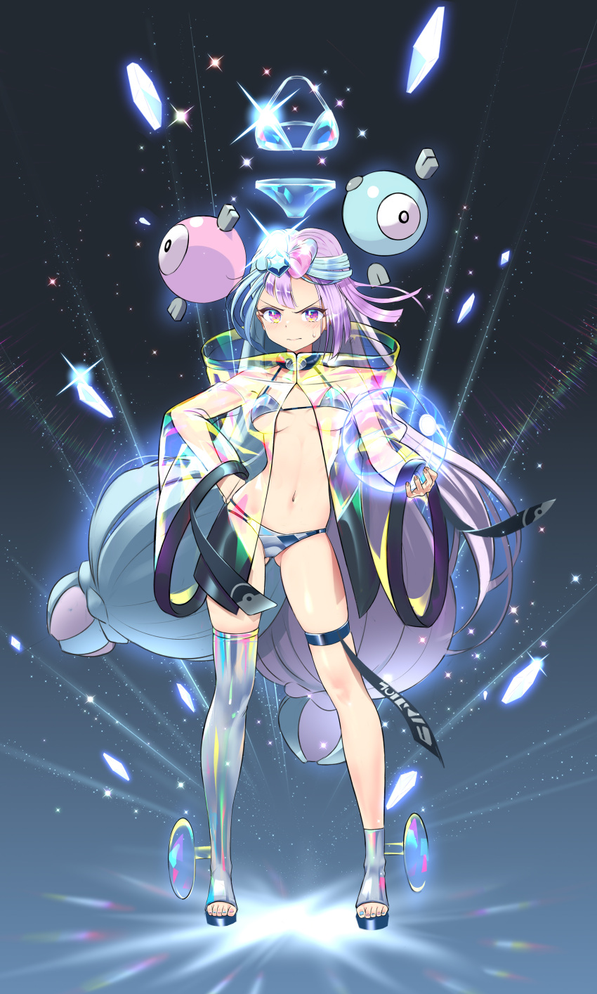 1girl absurdres ass_visible_through_thighs asymmetrical_hair ball bikini blue_hair blush bow-shaped_hair breasts character_hair_ornament cleavage closed_mouth collarbone commentary_request full_body glint hair_ornament hand_on_own_hip highres holding holding_ball iono_(pokemon) jacket long_hair looking_at_viewer low-tied_long_hair magnemite medium_breasts multicolored_hair navel pink_eyes pink_hair pokemon pokemon_(game) pokemon_sv see-through see-through_jacket single_thighhigh skindentation solo split-color_hair standing stomach swimsuit terastallization thigh_strap thighhighs tm_(hanamakisan) toeless_legwear twintails two-tone_hair wide_sleeves