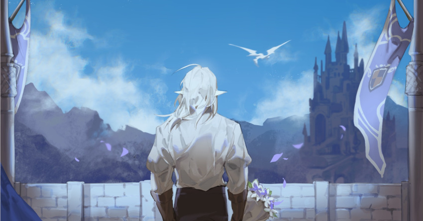 1boy bayinxie blue_sky bouquet castle cloud commentary_request dragon elezen elf estinien_varlineau falling_petals final_fantasy final_fantasy_xiv flag flower from_behind highres holding holding_bouquet long_hair male_focus mountain mountainous_horizon outdoors petals pointy_ears purple_flower sky solo white_hair