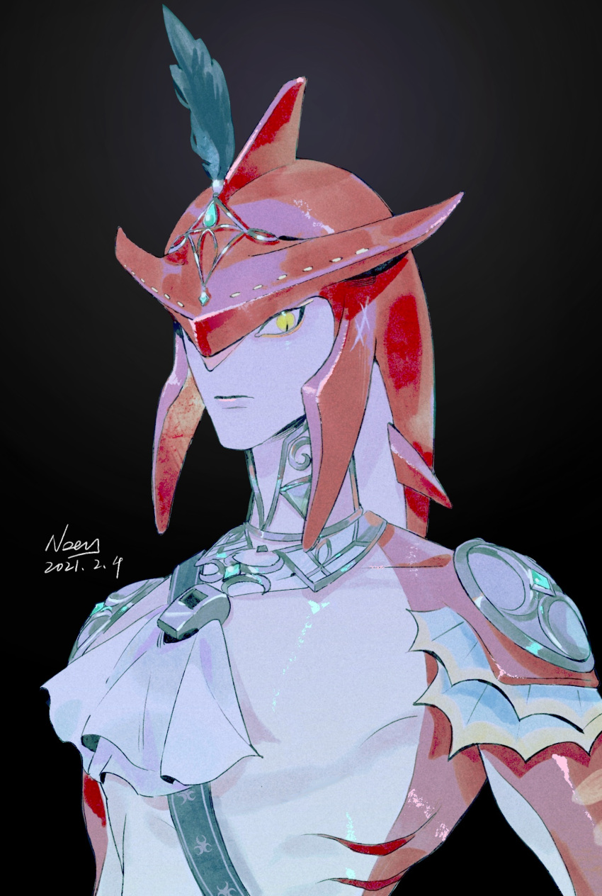 1boy artist_name black_background colored_skin dated feathers fish_boy gills highres looking_at_viewer male_focus monster_boy multicolored_skin noey_nuoyi pointy_ears red_skin sidon solo the_legend_of_zelda upper_body whistle white_skin yellow_eyes zora