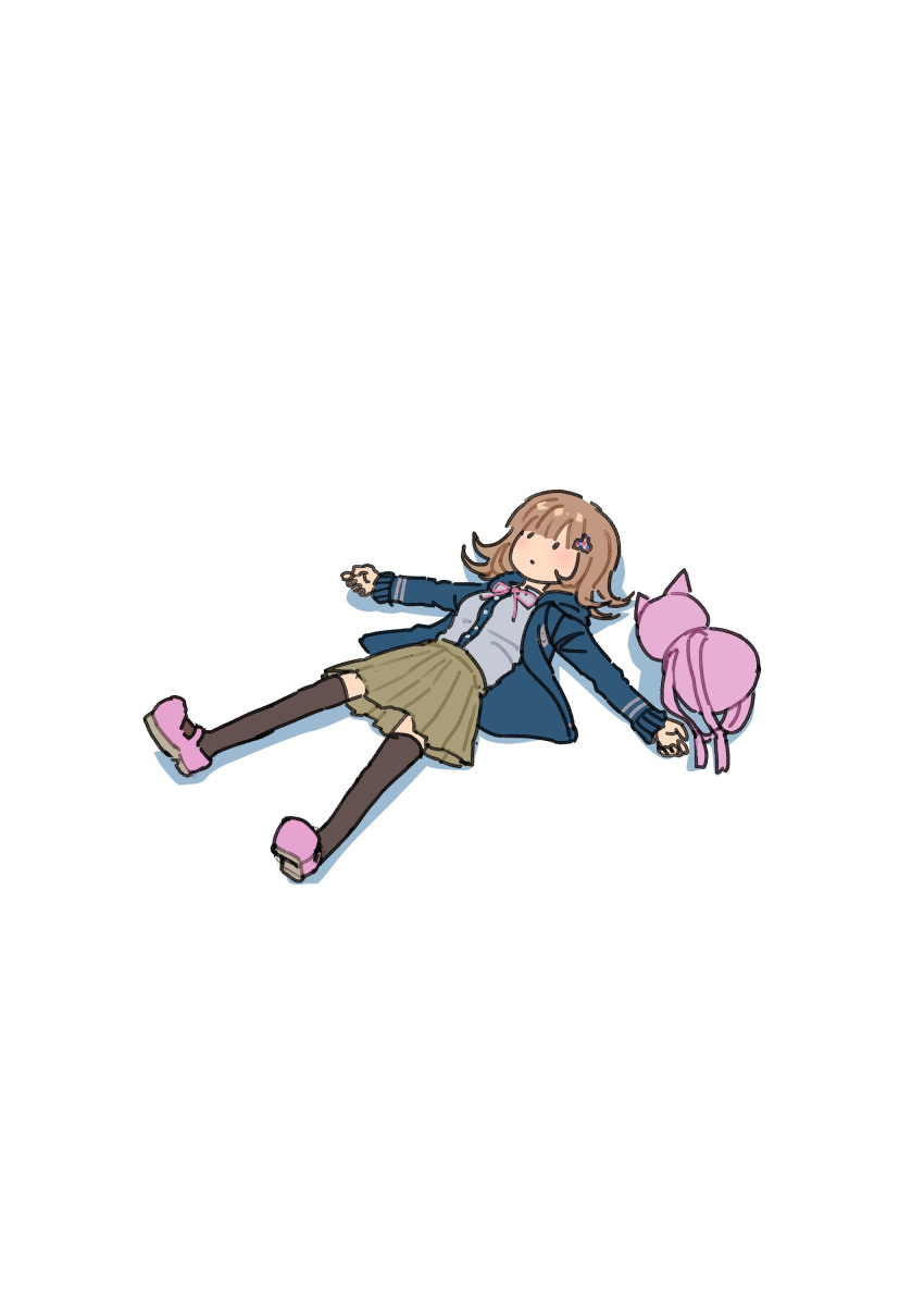 1girl absurdres backpack backpack_removed bag bag_removed brown_hair brown_thighhighs danganronpa_(series) danganronpa_2:_goodbye_despair dress_shirt flipped_hair hair_ornament highres jacket long_sleeves medium_hair nanami_chiaki neck_ribbon open_clothes open_jacket pink_footwear pink_ribbon ribbon shirt shirt_tucked_in skirt solo thighhighs white_shirt youko-shima