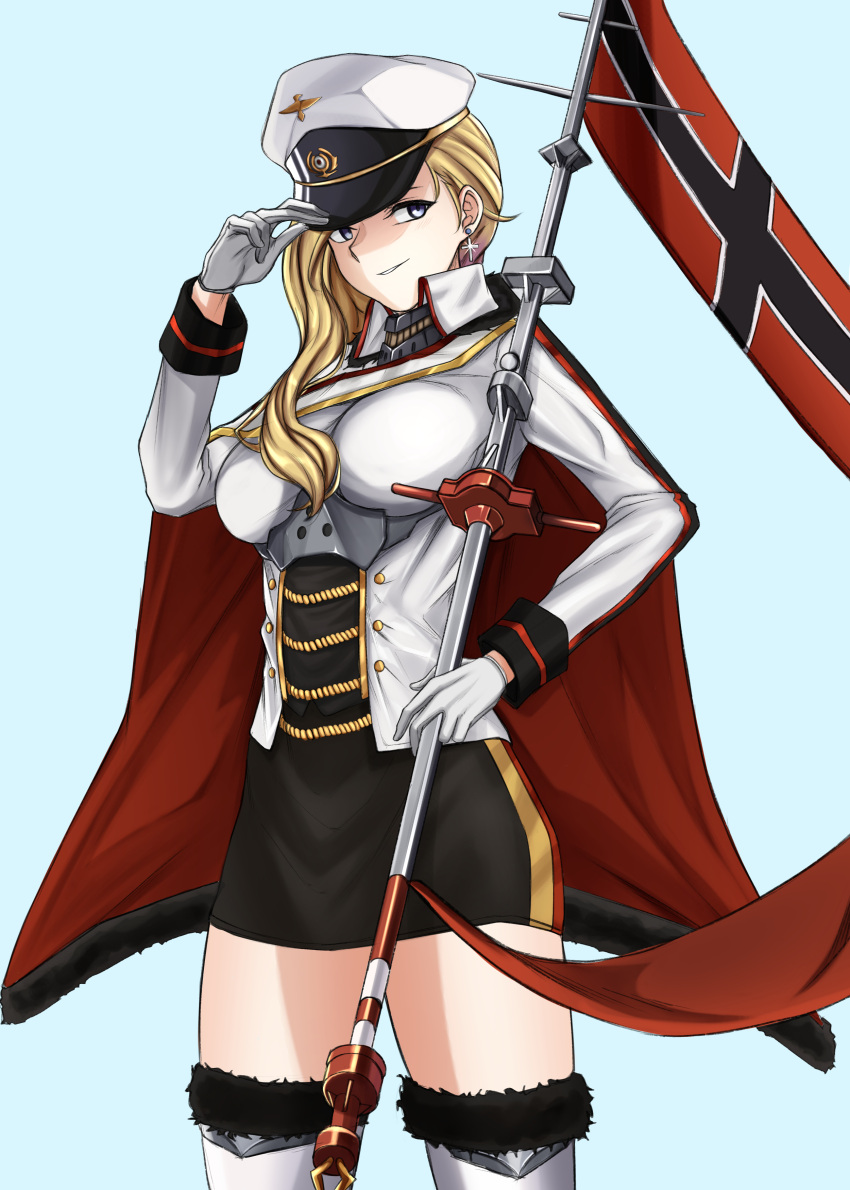 1girl absurdres adjusting_clothes adjusting_headwear azur_lane blonde_hair blue_eyes boots breasts cape commission cosplay flag fur-trimmed_cape fur_collar fur_trim gloves hair_between_eyes hat highres hood_(azur_lane) light_blue_background long_hair matsu_arts medium_breasts military military_hat military_uniform parted_lips peaked_cap smile solo standing tanaka_atsuko thigh_boots thighs tirpitz_(azur_lane) tirpitz_(azur_lane)_(cosplay) uniform voice_actor_connection white_footwear white_gloves zettai_ryouiki