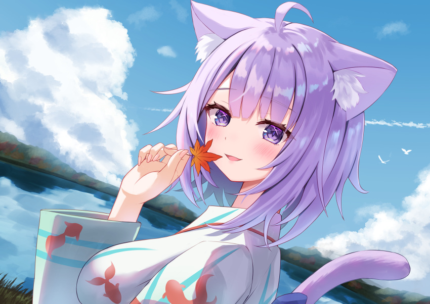 1girl absurdres ahoge animal_ears animal_print autumn_leaves blush cat_ears cat_tail cloud contrail fingernails fish_print highres hololive japanese_clothes kimono lake nekomata_okayu purple_eyes purple_hair tail togemaru34 virtual_youtuber yukata