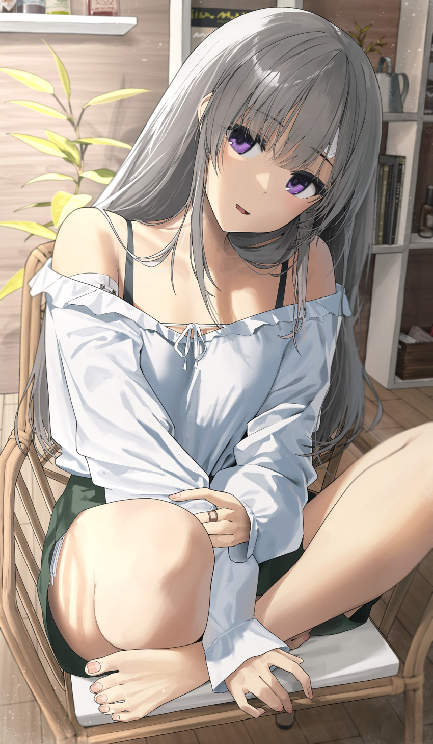 1girl bandaid bandaid_on_face bandaid_on_forehead blunt_bangs blurry blurry_background book bookshelf bottle box chair collarbone eyelashes frilled_shirt frills grey_hair hand_on_own_arm highres idolmaster idolmaster_shiny_colors indian_style jewelry light_smile long_hair long_sleeves looking_at_viewer noeru off_shoulder open_mouth plant purple_eyes ring shirt sitting sleeves_past_wrists solo straight_hair watering_can wooden_floor yukoku_kiriko
